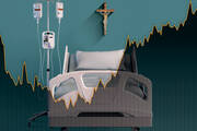 A graphic illustration of a hospital bed with a cross on the wall 