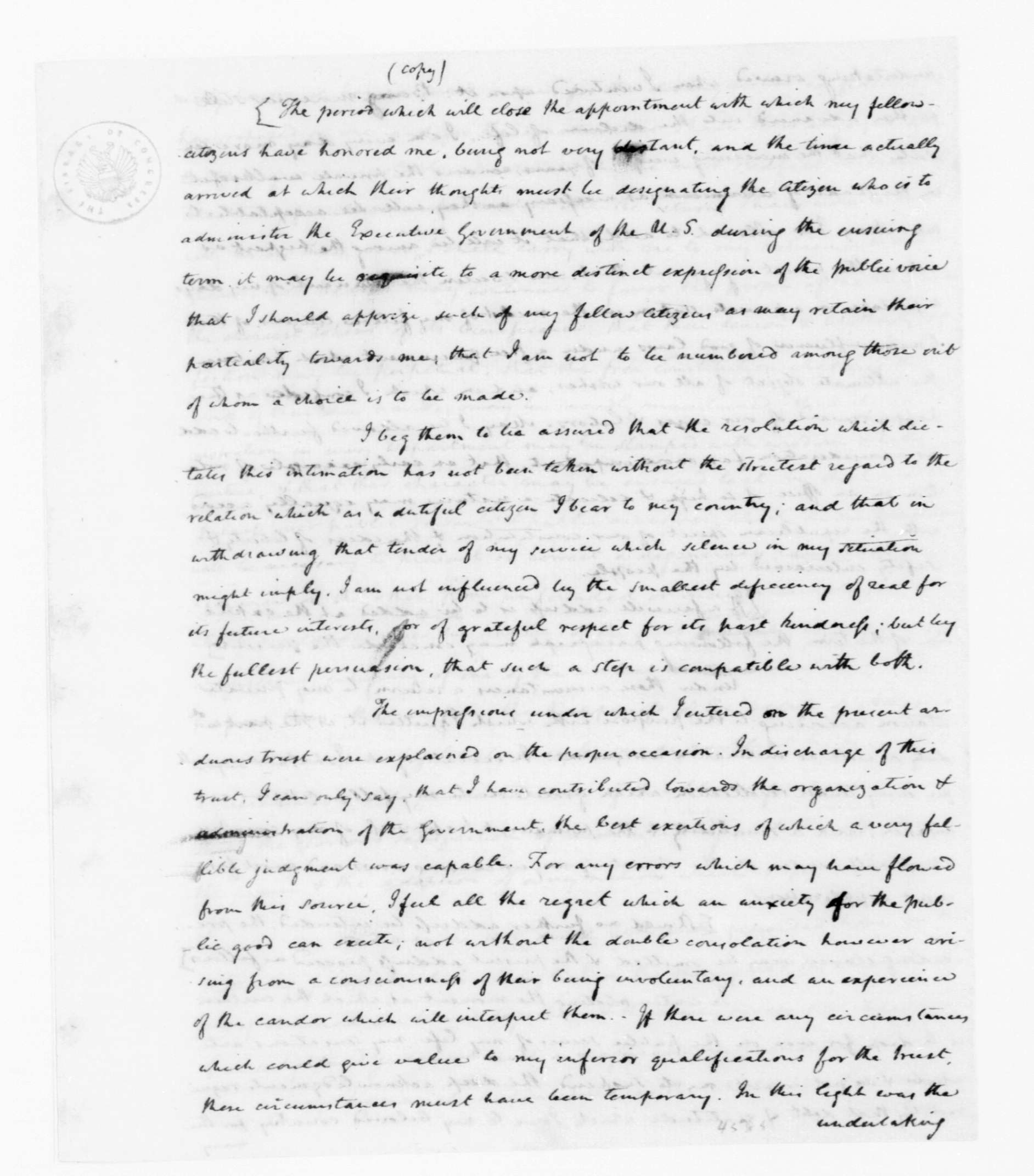 Manuscript: James Madison to George Washington, June 21, 1792. Draft of Address, Washington's Farewell.