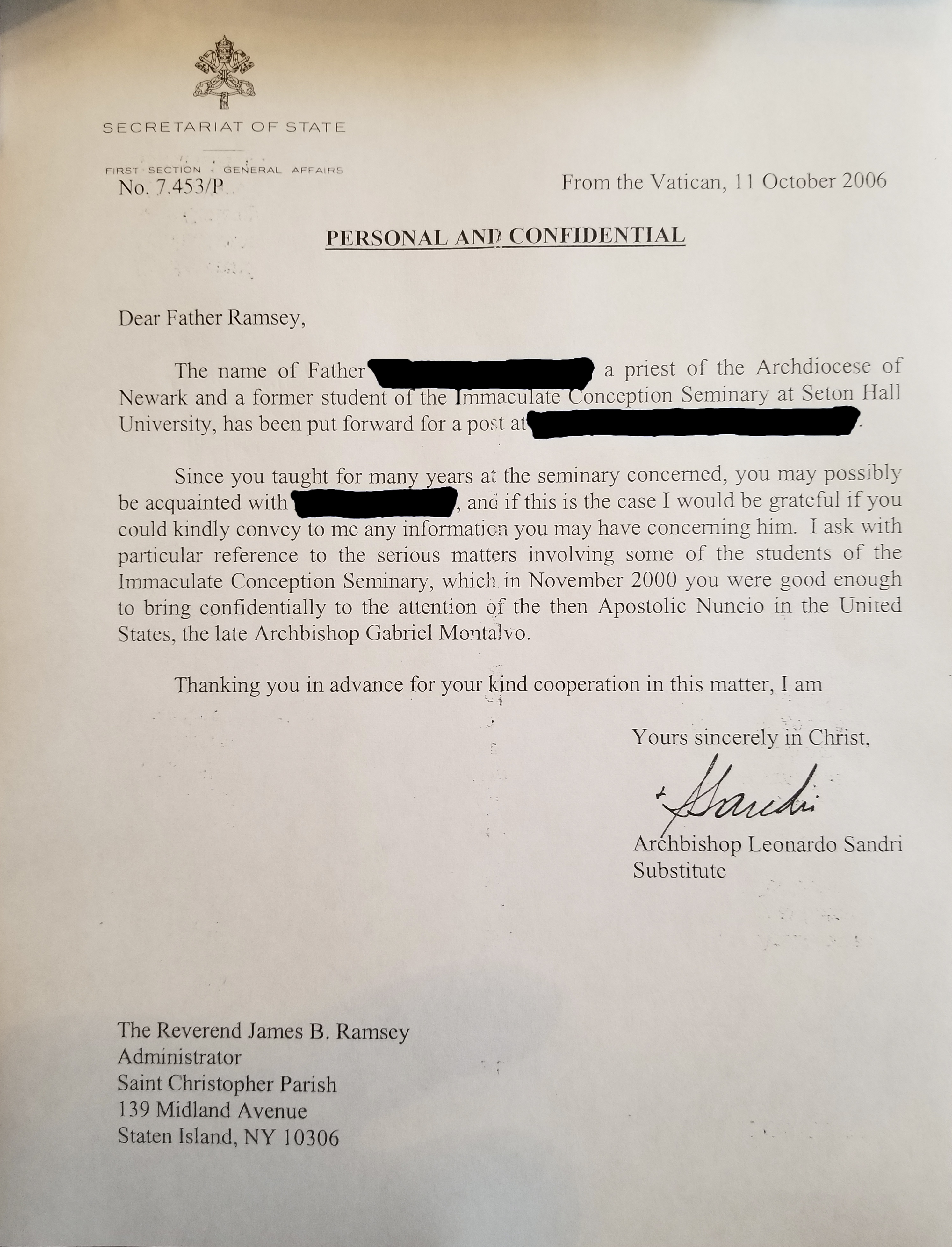 A letter dated Oct. 11, 2006 from Archbishop Leonardo Sandri, then substitute for the Vatican Secretariat of State, to Father Boniface Ramsey references a Nov. 2000 letter Father Ramsey had written to Archbishop Gabriel Montalvo, Vatican nuncio to the United States, warning about sexual abuse committed by Archbishop Theodore E. McCarrick. 