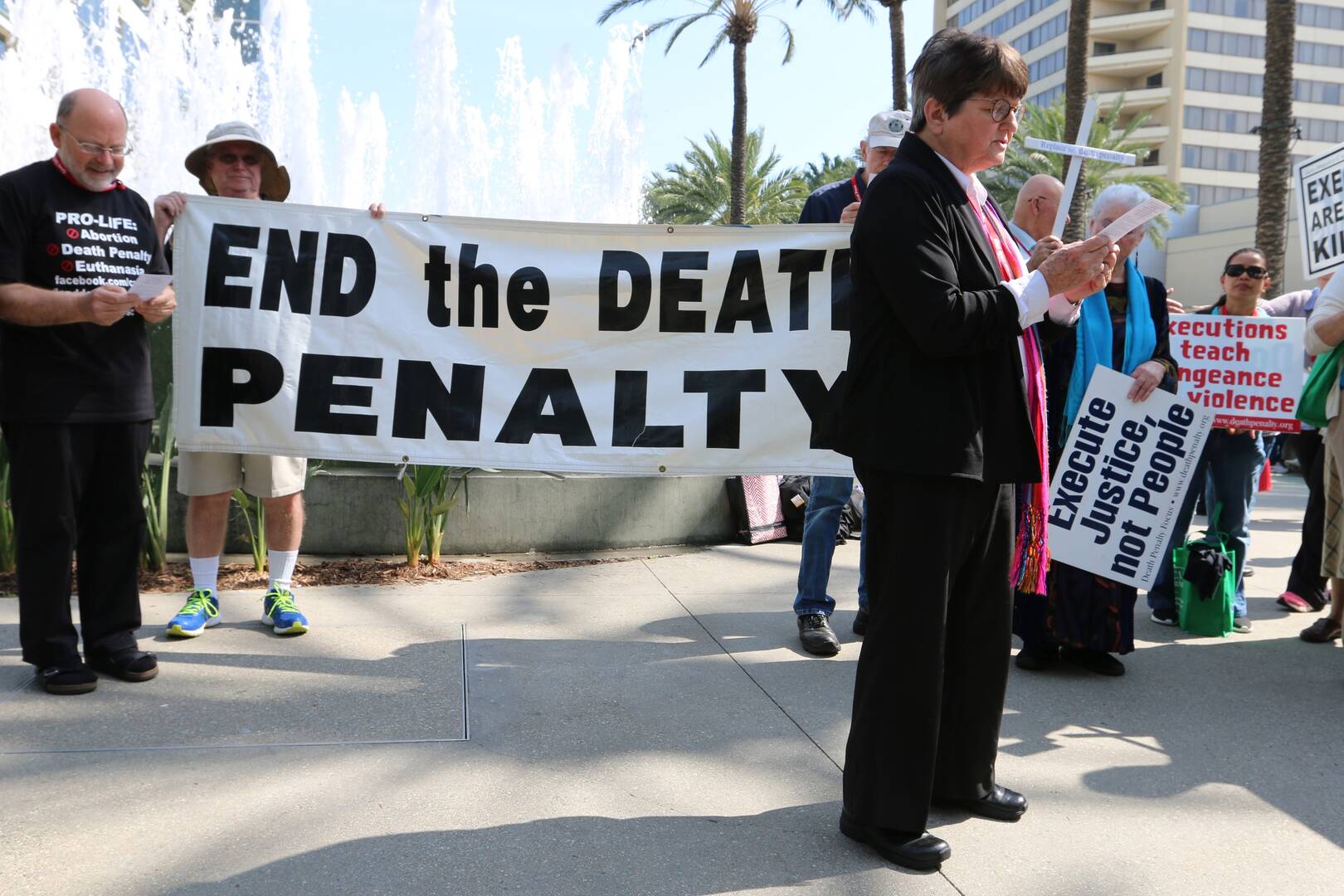 Helen Prejean, of the Sisters of St. Joseph of Medaille, is seen in Anaheim, Calif., calling for an end to the death penalty, in this 2016 file photo. The U.S. Supreme Court sent a death penalty case back to the Texas Court of Criminal Appeals on June 15, 2020. (CNS photo/J.D. Long-Garcia, The Tidings)