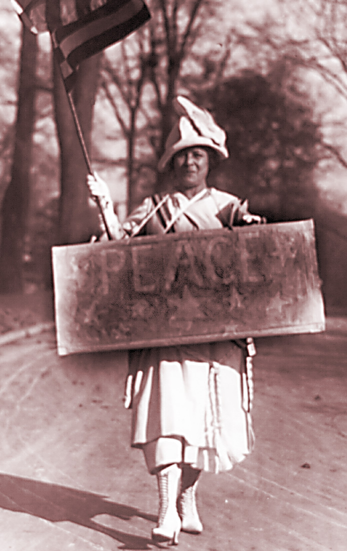 Woman marching with peace sign and U.S. flag, disarmament conference, Washington, D.C.