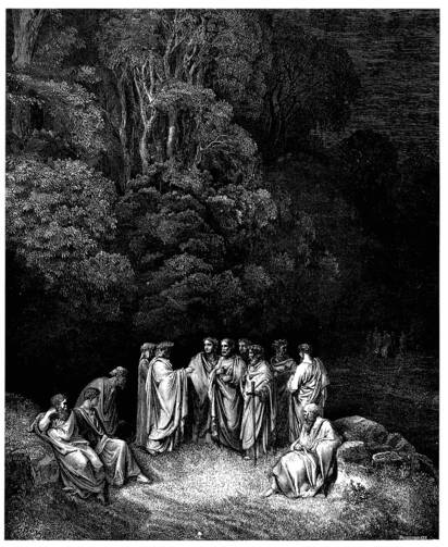 Gustave Doré's illustration to Dante's Inferno. Plate XII: Canto IV: Dante is accepted as an equal by the great Greek and Roman poets. Courtesy of Wikipedia.