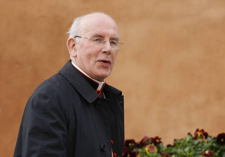 Cardinal Sean Brady of Armagh, Northern Ireland, arrives for the morning session of the general congregation meeting in the synod hall at the Vatican March 8. (CNS/Paul Haring)