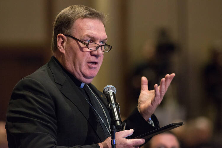 Archbishop Joseph W. Tobin of Indianapolis speaks June 11 during the spring general assembly of the U.S. Conference of Catholic Bishops in St. Louis. (CNS photo/Lisa Johnston, St. Louis Review) 