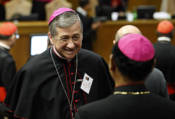 Archbishop Blase J. Cupich of Chicago talks with a bishop before a session of the Synod of Bishops on the family at the Vatican in October 2015. (CNS photo/Paul Haring)