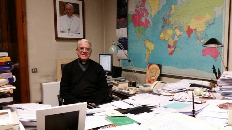 Father Federico Lombardi at his desk at the Holy See Press Office (photo by James Martin, S.J.)