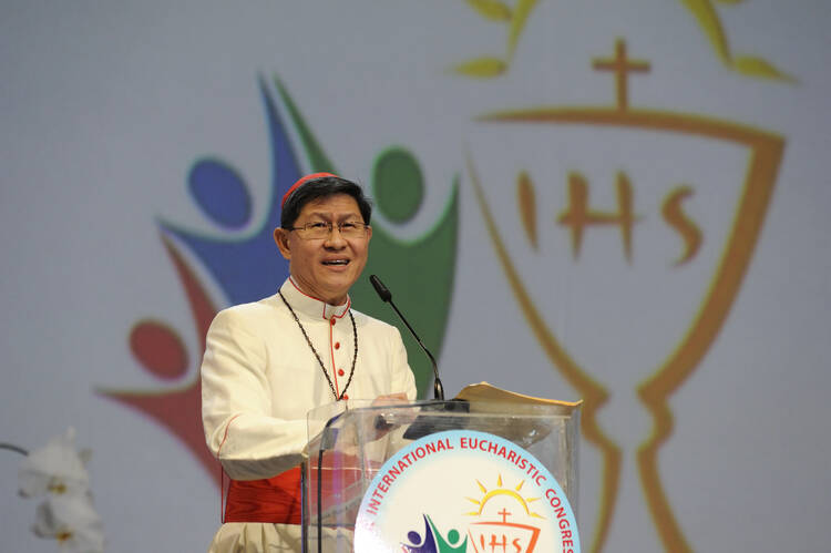Cardinal Luis Antonio Tagle of Manila speaks at a session of the 51st International Eucharistic Congress in Cebu, Philippines, on Jan. 28. (CNS photo/Katarzyna Artymiak)