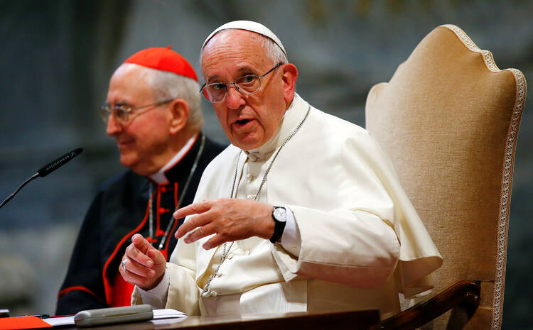 Pope Francis speaks during the opening of the Diocese of Rome's annual pastoral conference at the Basilica of St. John Lateran in Rome June 16. (CNS photo/Tony Gentile, Reuters)