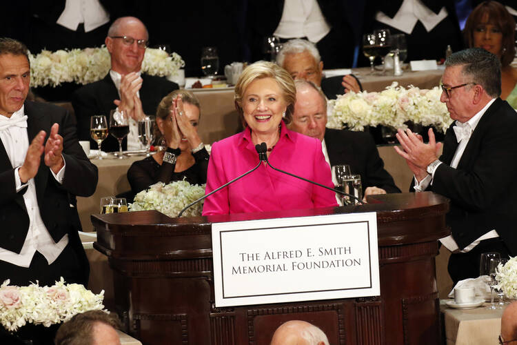 Hillary Clinton speaks at last October's Alfred E. Smith Memorial Foundation Dinner in New York. (CNS photo/Gregory A. Shemitz)