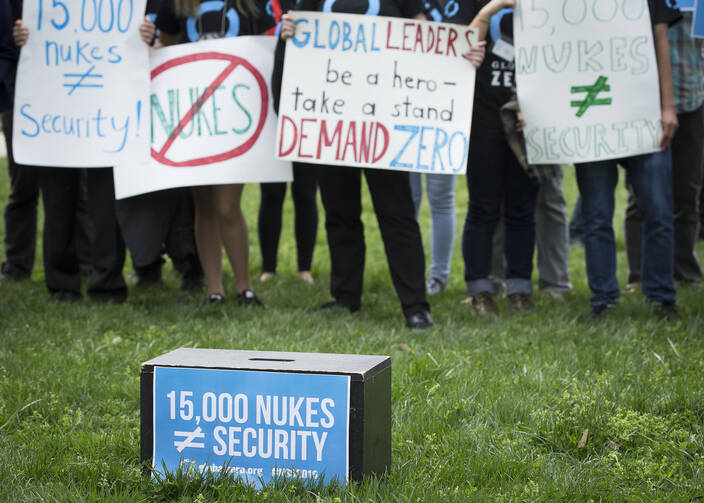 Demonstrators in Washington protest nuclear weapons April 1. (CNS photo/Tyler Orsburn)