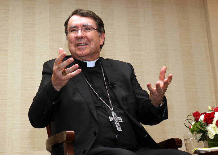 Archbishop Christophe Pierre, apostolic nuncio to the United States, addresses the audience during a discussion on March 15 in New York City on the first four years of Pope Francis' papacy. (CNS photo/Gregory A. Shemitz)