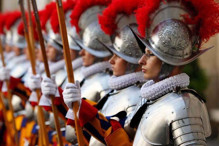 Swiss Guard recruits attend the swearing-in ceremony for 40 new recruits at the Vatican on May 6. (CNS photo/Paul Haring)