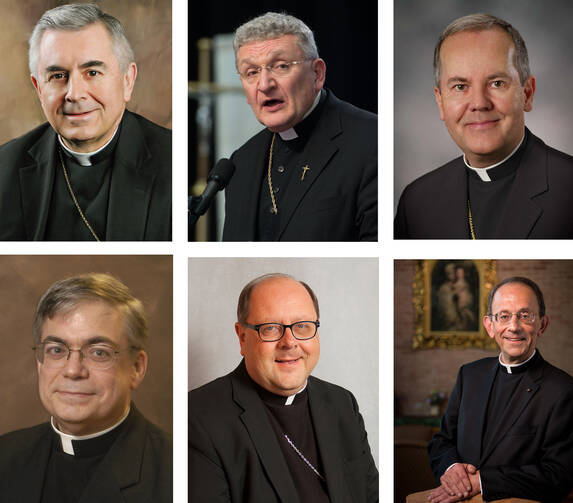 A photo panel shows Pennsylvania Bishops Ronald W. Gainer of Harrisburg, David A. Zubik of Pittsburgh, Joseph C. Bambera of Scranton, Alfred A. Schlert of Allentown, Edward C. Malesic of Greensburg and Lawrence T. Persico of Erie. 