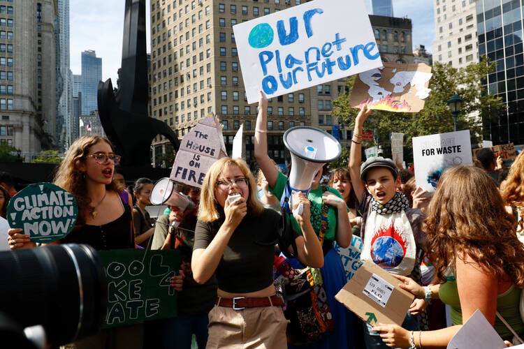 Young people gather for the climate change rally in New York City on Sept. 20. (CNS photo/Gregory A. Shemitz)
