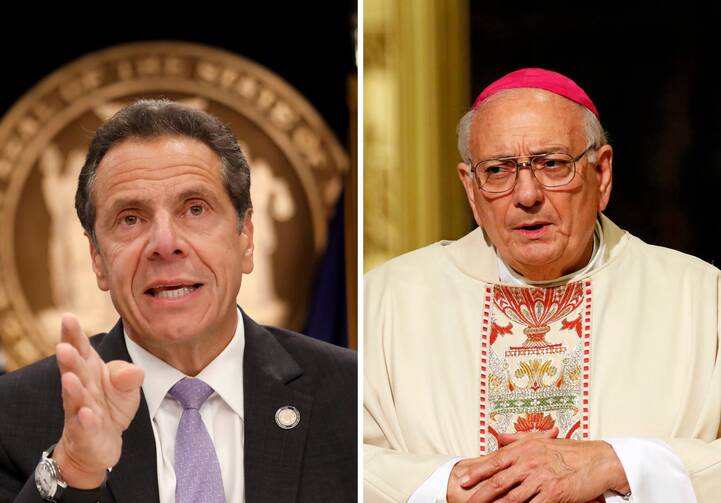 New York Gov. Andrew Cuomo and Bishop Nicholas DiMarzio of Brooklyn, N.Y., are seen in this composite photo. (CNS composite; photos by Shannon Stapleton, Reuters, and Gregory A. Shemitz)