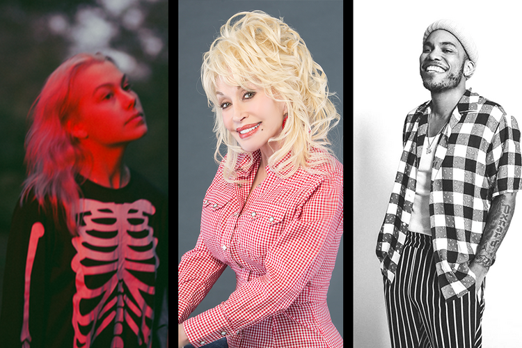 Phoebe Bridgers in a skeleton onesie, Dolly Party with her big blonde hair and red and white checkered top, and Anderson .Paak in black and white, black and white checkered top
