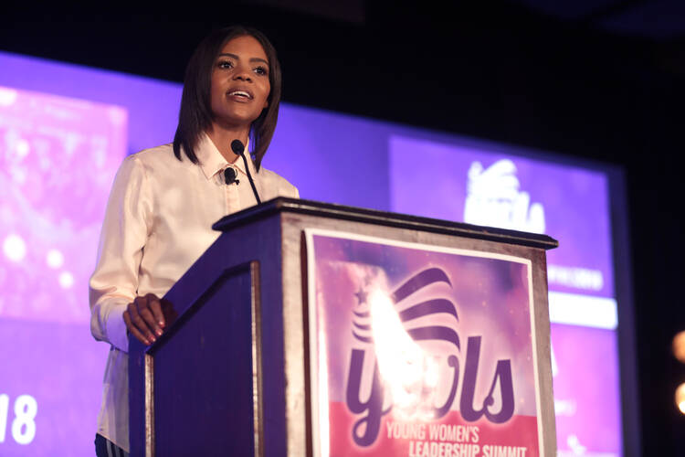 The political commentator Candace Owens, one of the Black Republicans who became more prominent during the Trump administration, speaks at the 2018 Young Women's Leadership Summit, in Dallas. (Gage Skidmore, Peoria, Ariz., via Wikimedia Commons)
