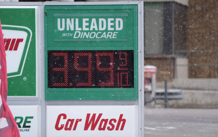 The price for a gallon of regular-grade gasoline is shown at a service station in Denver on March 9, 2022. (AP Photo/David Zalubowski)