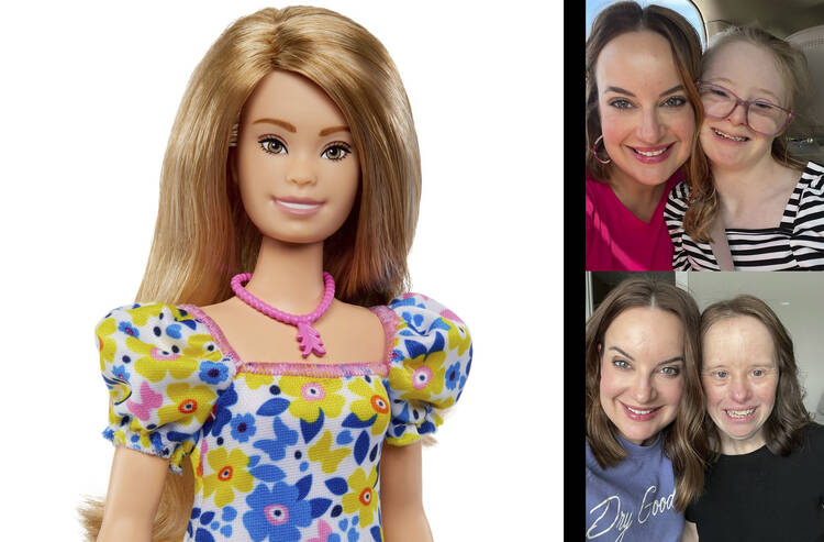 a photo of the new barbie with down syndrome and a photo of the author smiling next to her 13-year-old daughter who has down syndrome and her sister, who is in her 40s, who also has down syndrome