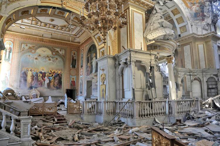 Debris covers the floor of the Transfiguration Cathedral in Odesa