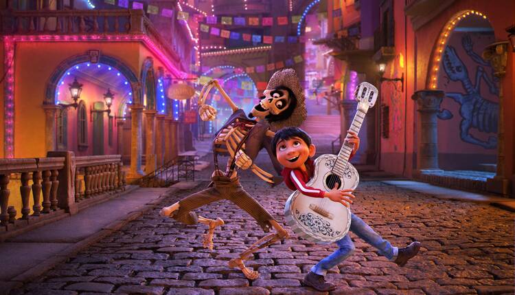 An image of Hector, voiced by Gael Garcia Bernal, and Miguel, voiced by Anthony Gonzalez, in a scene from the animated movie "Coco." 