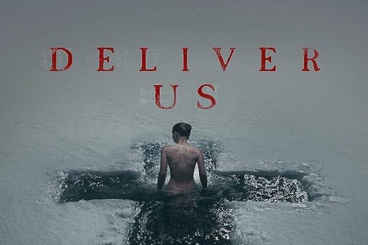 The movie poster from the film Deliver Us featuring a woman bathing in an icy body of water in an opening in the shape of a cross 