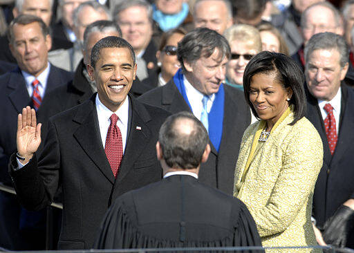 Barack Obama takes the oath of office for the presidency on January 20, 2009. (Master Sgt. Cecilio Ricardo, U.S. Air Force, via Wikimedia Commons)
