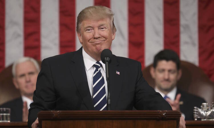 President Donald Trump delivers his first address to a joint session of Congress Feb. 28 in Washington (CNS photo/Jim Lo Scalzo pool via Reuters).
