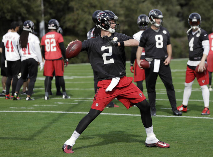 Atlanta Falcons quarterback Matt Ryan (2) throws during a practice for the NFL Super Bowl 51 football game Wednesday, Feb. 1, 2017, in Houston. Atlanta will face the New England Patriots in the Super Bowl Sunday. (AP Photo/Eric Gay)