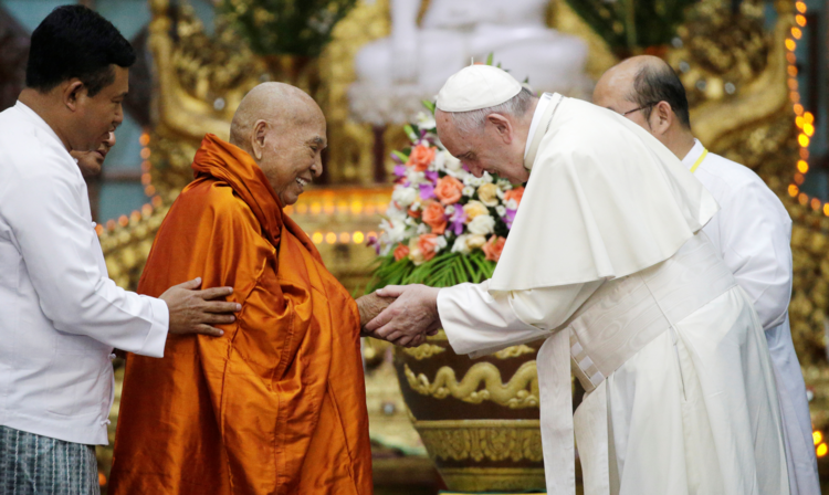 Pope Francis greets Bhaddanta Kumarabhivasma, chairman of the supreme council of Buddhist monks, during a Nov. 29 meeting with monks of the council at the Kaba Aye Pagoda in Yangon, Myanmar. (CNS photo/Max Rossi, Reuters)