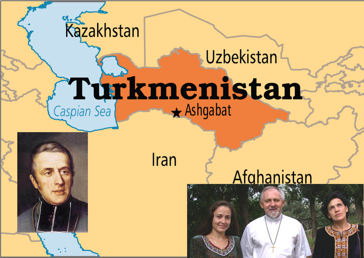 A Catholic Community in Turkmenistan. At left, the founder of the Order of the Missionary Oblates of Mary Immaculate, St. Eugene de Mazenod, and at right, Andrzej Madej, O.M.I., with parishioners in Ashgabat, Turkmenistan's capital city. 