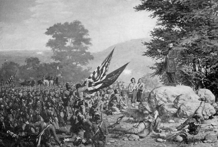 	An illustration depicts Holy Cross Father William Corby, a chaplain with a Boston regiment, giving general absolution to the Irish Brigade on the second day of the Battle of Gettysburg, Pa.