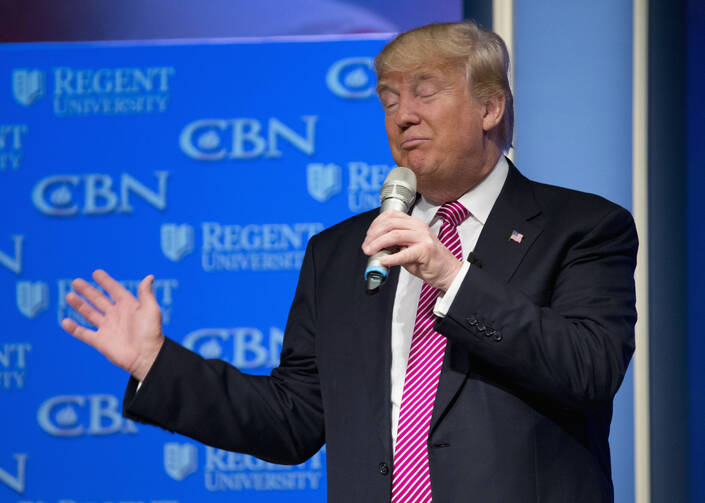 Republican presidential candidate Donald Trump speaks at Regent University in Virginia Beach, Va., on Wednesday. (AP Photo/Steve Helber)