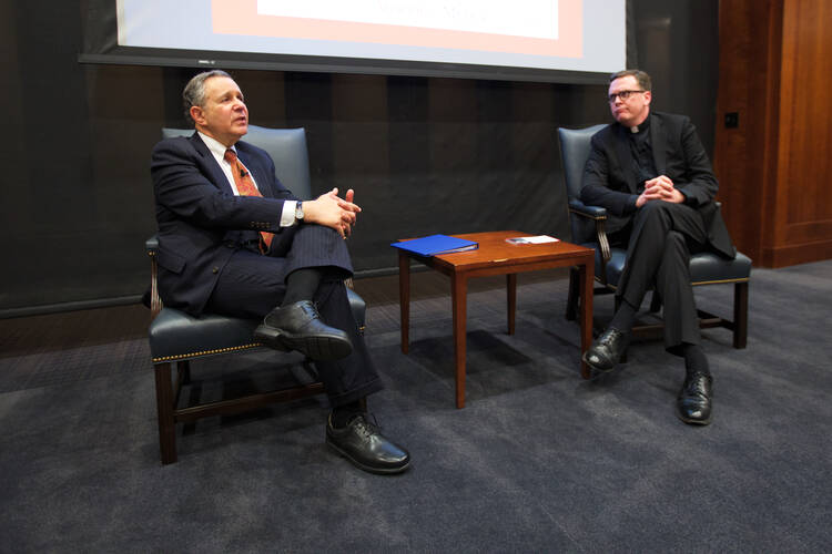 Q and A. Rabbi Polish is joined by America Editor-in-Chief Matt Malone after he delivered America Media's annual John Courtney Murray lecture on Jan. 12. (Photo by Ashley McKinless)