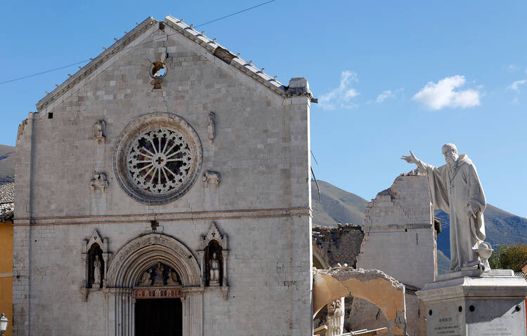The Basilica of St. Benedict in the ancient city of Norcia is seen on Oct. 31, 2016 following an earthquake in central Italy. Photo courtesy of Reuters/Remo Casilli