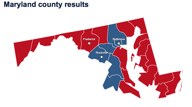 Barack Obama won 62 percent in Maryland in 2012, carrying the city of Baltmore and five out of 23 counties. (Map from NBCNews.com)