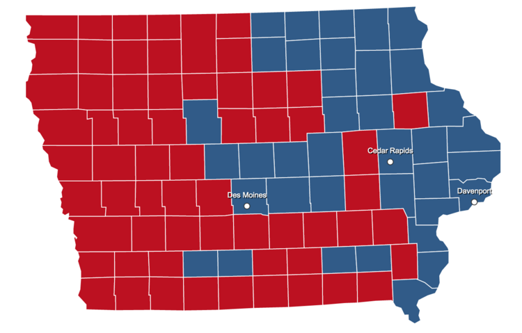 Iowa has been closely contested in recent general elections. In 2012, Barack Obama carried the state thanks to urban centers like Des Moines and river cities along the eastern border. (Image from http://elections.nbcnews.com)