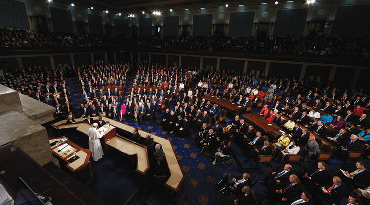 MAKING HISTORY. Pope Francis addresses a joint session of Congress in the House chamber in Washington on Sept. 24.