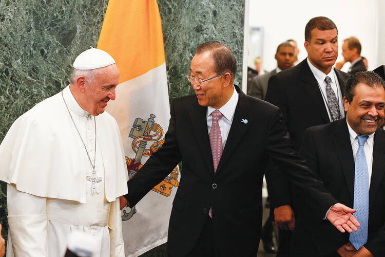 GREETINGS FROM THE UNITED NATIONS. U.N. Secretary-General Ban Ki-moon welcomes Pope Francis.