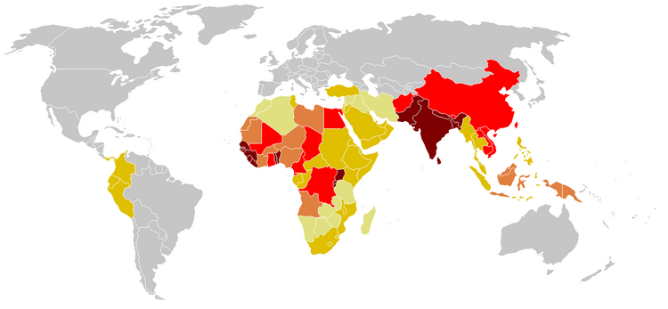 Tetanus prevalence worldwide: darker reds indicate higher rates of tetanus cases