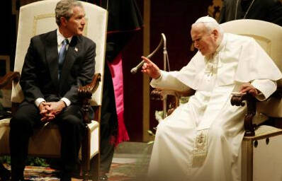 AFTER THE WAR. President George W. Bush and Pope John Paul II at the Vatican, March 2004. The pope told Bush he was deeply concerned about the "grave unrest" in Iraq (CNS photo/Reuters).