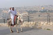 A Palestinian man rides a donkey on the Mount of Olives overlooking the old City of Jerusalem. (CNS photo/Debbie Hill)
