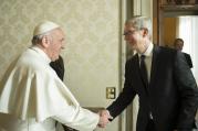 Pope Francis greets Apple CEO Tim Cook during a private audience in the Apostolic Palace at the Vatican Jan. 22. (CNS photo/L'Osservatore Romano, handout)