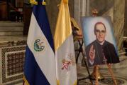 A portrait of Blessed Oscar Romero is displayed on March 23 in Rome's Basilica of Santa Maria in Trastevere. (CNS photo/Junno Arocho Esteves) 