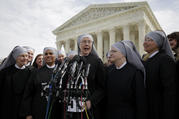 07.08.2020 In this 2016 file photo, Sister Loraine Marie Maguire, mother provincial of the Denver-based Little Sisters of the Poor, speaks to the media outside the U.S. Supreme Court in Washington. (CNS photo/Joshua Roberts, Reuters) 