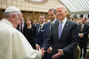 Pope Francis greets then-U.S. Vice President Joe Biden at the Vatican in this April 29, 2016, file photo. Church and diplomatic experts are assessing how U.S.-Vatican diplomacy will change with Biden, as U.S. president. He is the second Catholic elected to the nation's highest office in U.S. history. (CNS photo/L'Osservatore Romano)