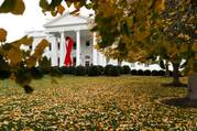 the white house and lawn with yellow leaves on the grass, a large red ribbon hangs in a loop shape to memorialize world aids day in december