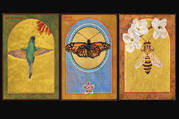 colorful icons of a hummingbird, monarch butteryfly and bee