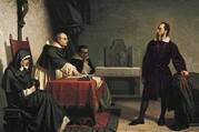 A painting of Galileo, dressed in black, right, facing off against three members of the Roman Inquisition, left.