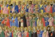 saints are pictured in an altarpiece, they have gold halos and many colored robes